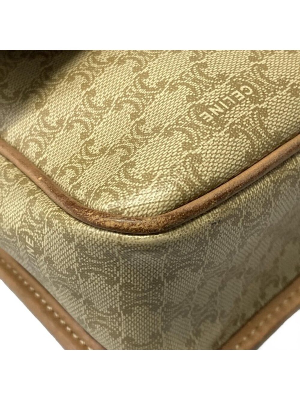 Celine Shoulder Bag Circle Logo Macadam Pattern Khaki Ivory Light Brown Leather - Picture 6 of 11
